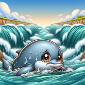 A dolphin struggling to swim in fast rapids.