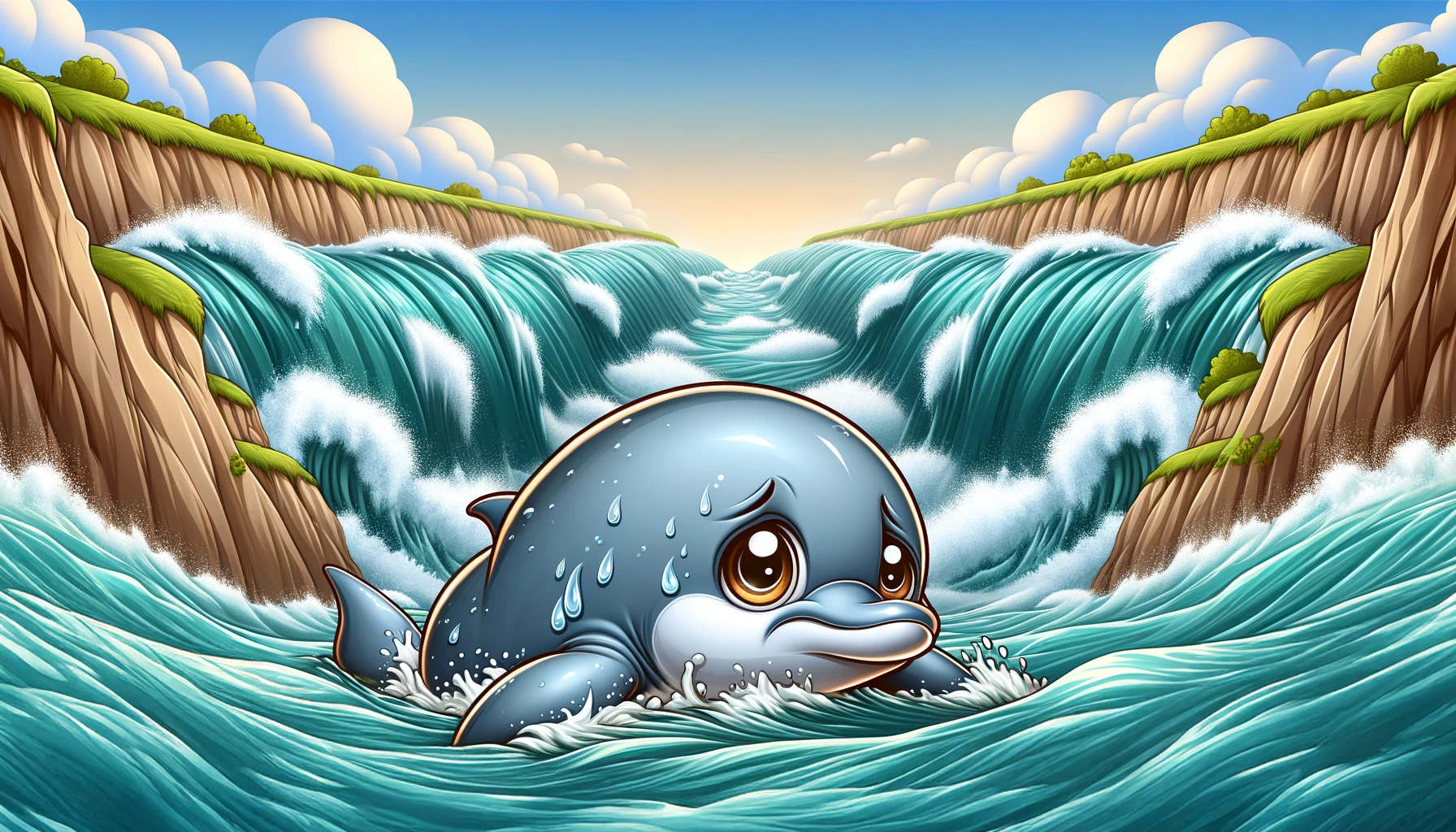 A dolphin struggling to swim in fast rapids.