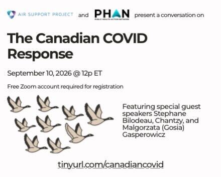 Promotional flyer for “The Canadian COVID Response,” a virtual conversation presented by Air Support Project and Public Health Action Network (PHAN). The event is September 10, 2026 at 12 p.m. ET. A free Zoom account is required for registration. Special guest speakers are Stephane Bilodeau, Chantzy, and Malgorzata (Gosia) Gasperowicz. The flyer features an illustration of nine flying Canada geese. Registration: tinyurl.com/canadiancovid.